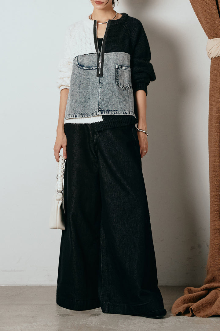 [SET]ハーフジップニットデニムドッキングトップス+ウエストダブルボタンワイドデニムパンツ(2set)