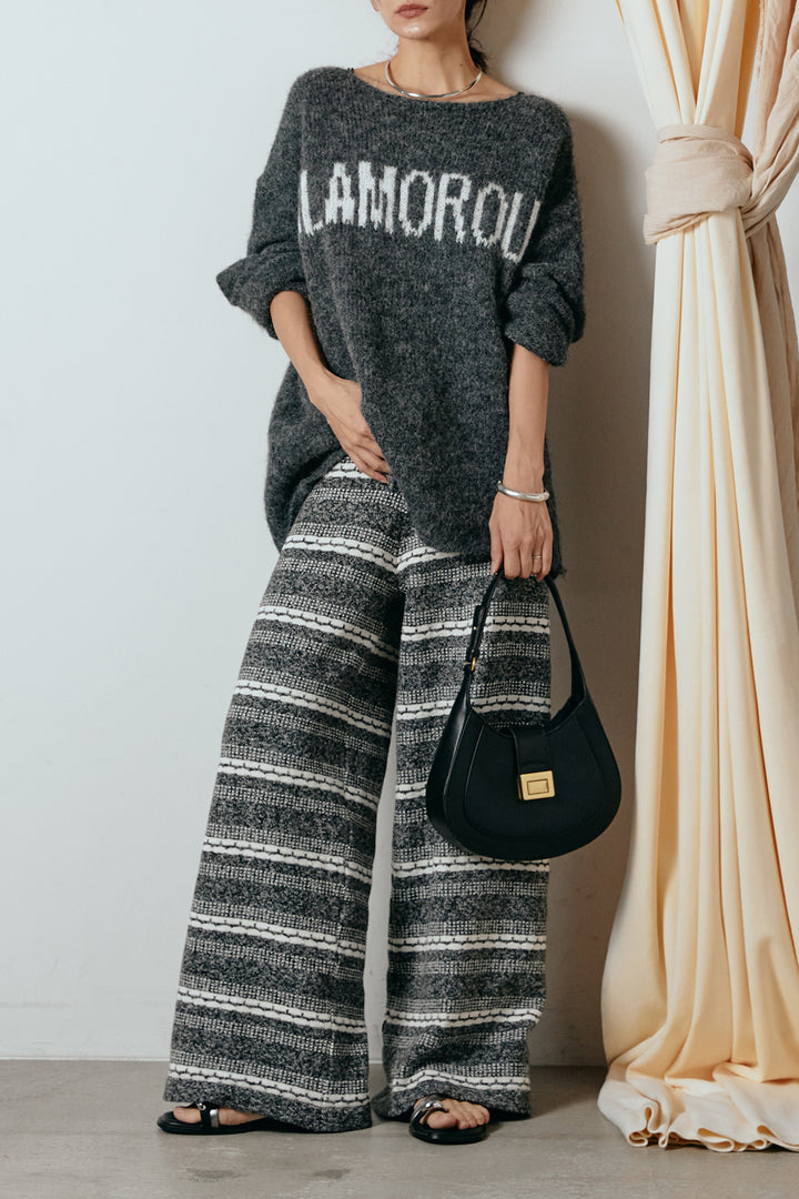 [SET]フロントロゴデザインニットトップス+マルチライン柄リラックスニットパンツ(2set)