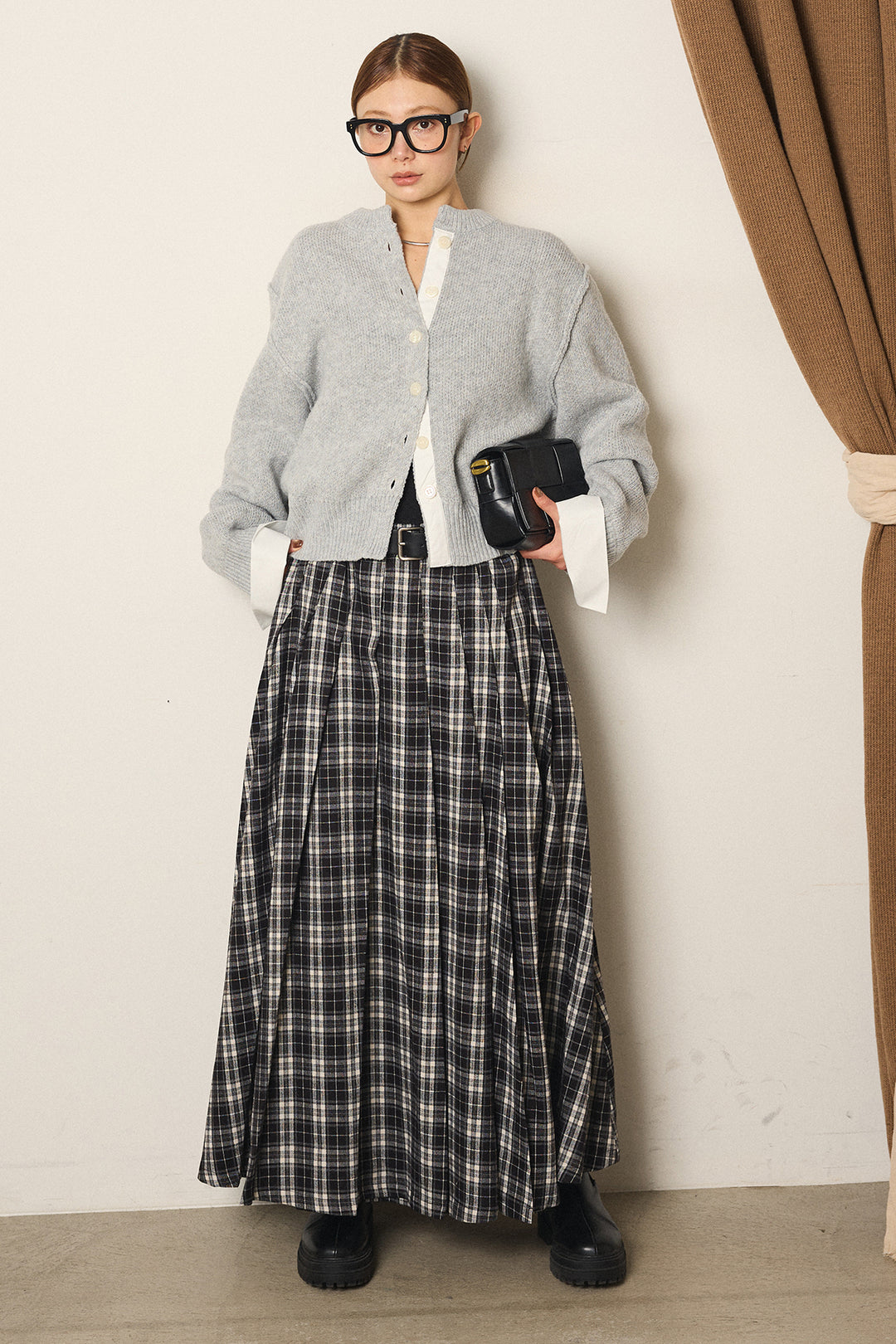 [SET]シャツドッキングニットカーディガン+ベルト付きタータンチェックプリーツスカート(2set)