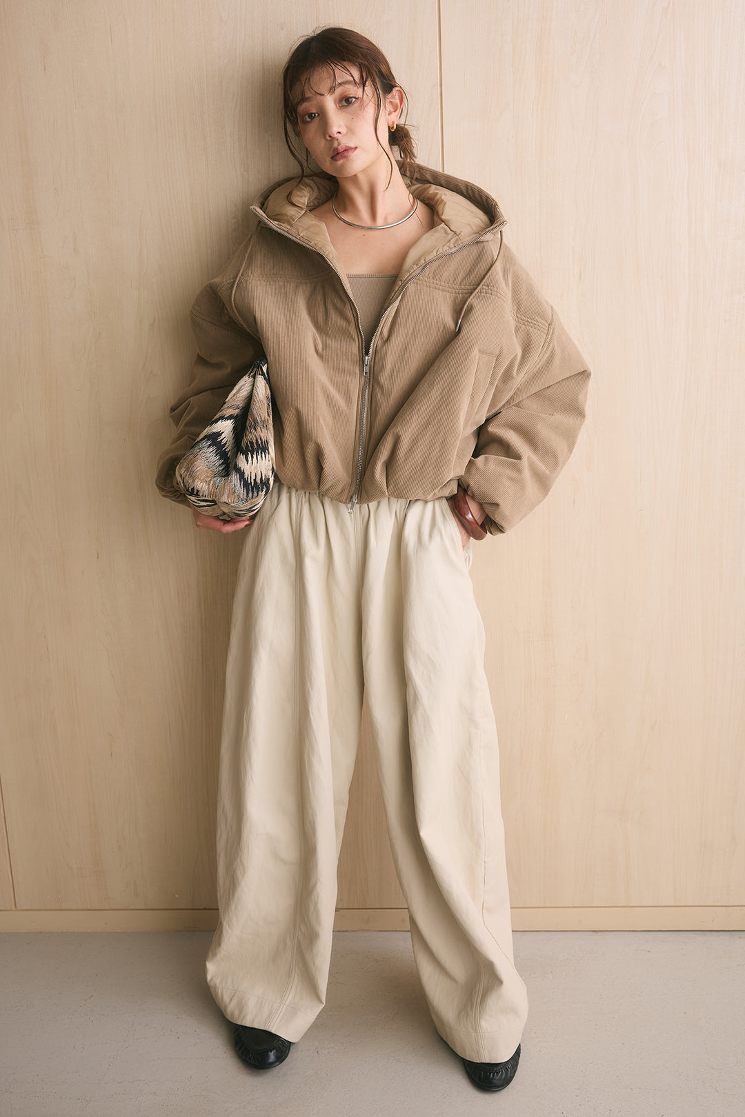 [SET]コーデュロイフーディバルーンブルゾン+フェイクレザーカーブワイドパンツ(2set)