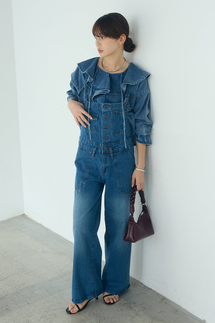 [SET]デニムフリルブラウス+デニムサロペットワイドパンツ(2set)