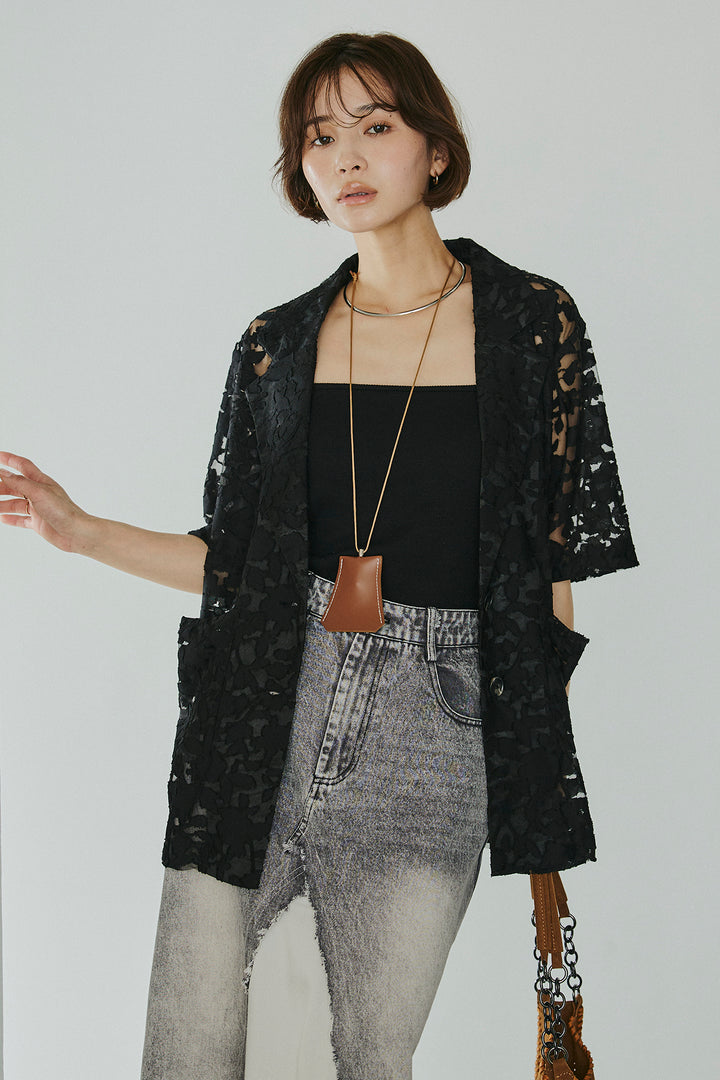 [SET]シアージャガードハーフスリーブテーラードジャケット+サテン切り替えデニムスカート(2set)