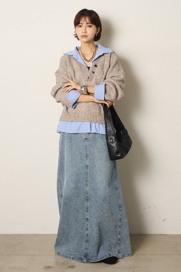 [SET]ストライプシャツドッキングニットポロトップス+デニムロングフレアスカート(2set)