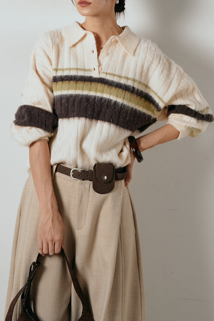 アルパカタッチボーダーポロニット/アイボリー