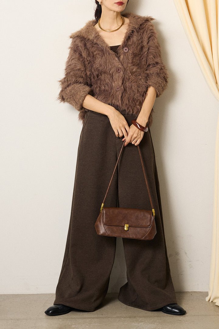 [SET]襟付きシャギーニットカーディガン+サイドベルトパンツ(2set)