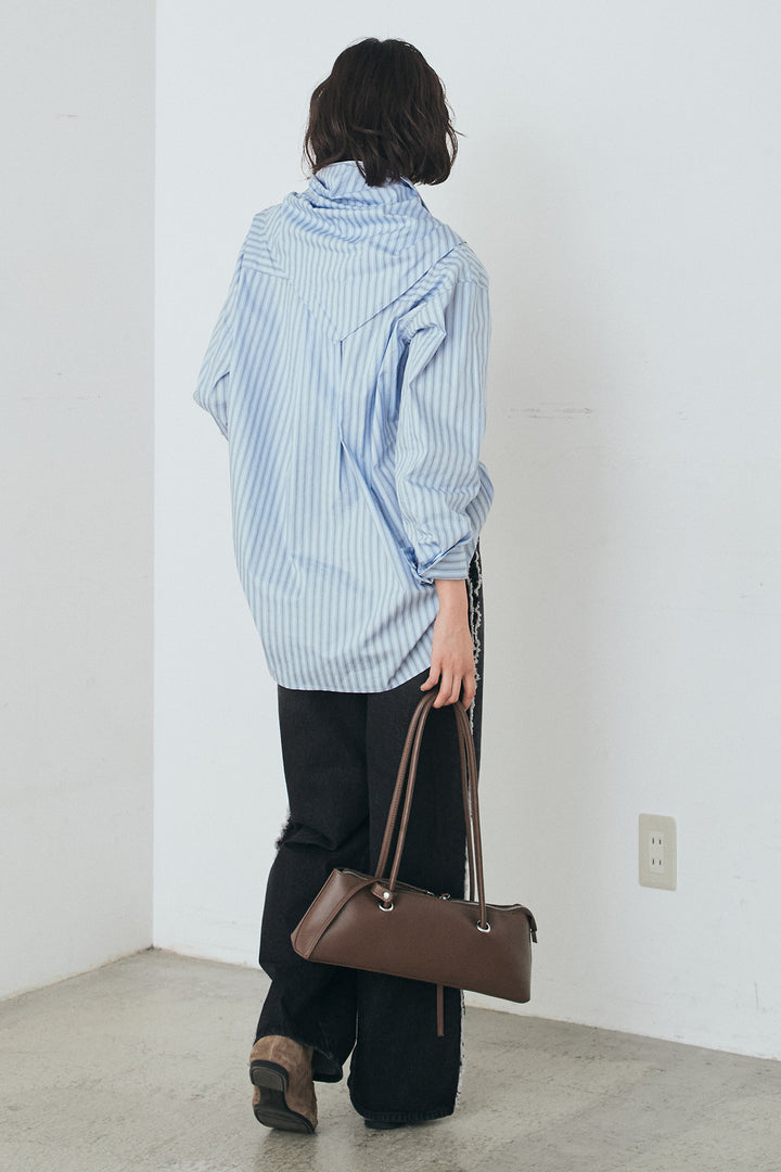 [SET]ランダムストライプスカーフ付きシャツ+デニムサイドフリルパンツ(2set)