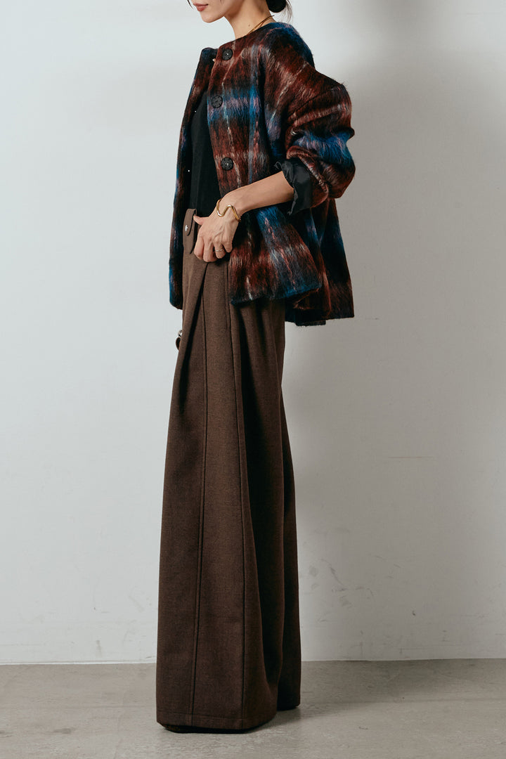 [SET]ノーカラーシャギーチェックアウター+ポーチベルト付きカーブパンツ(2set)