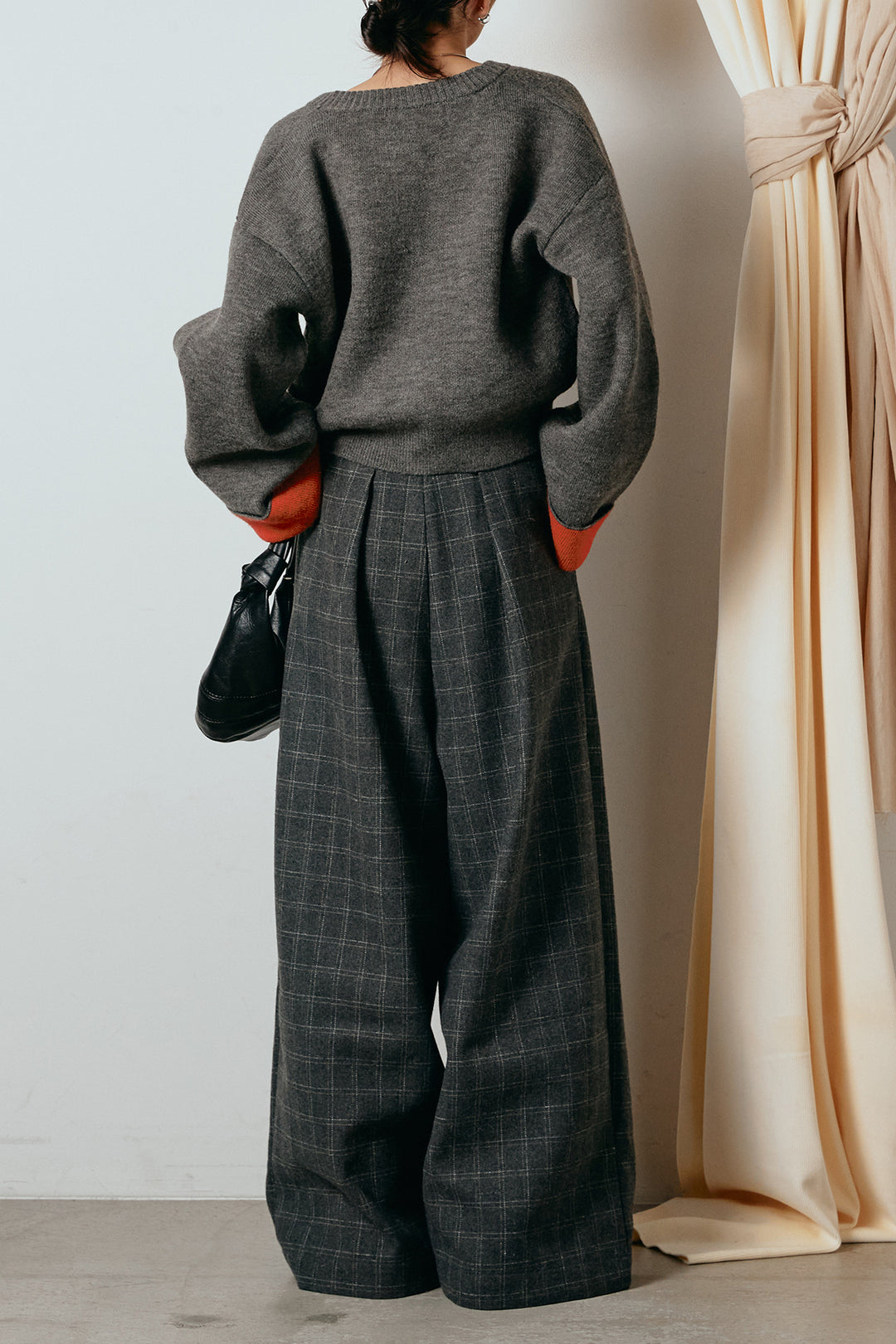 [SET]アルパカタッチダブルフェイスカーディガン+ウールライクチェックタックパンツ(2set)