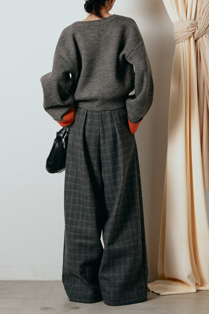 [SET]アルパカタッチダブルフェイスカーディガン+ウールライクチェックタックパンツ(2set)
