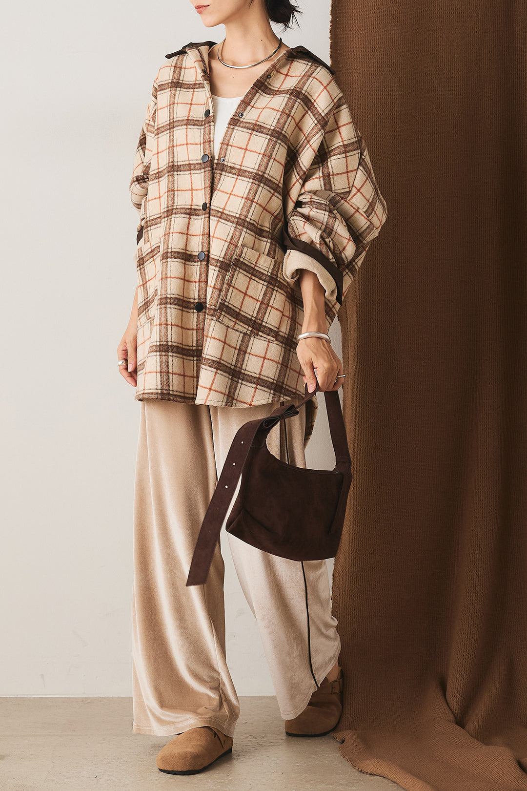 【即納】マルチチェックミディアム丈コート/ベージュ