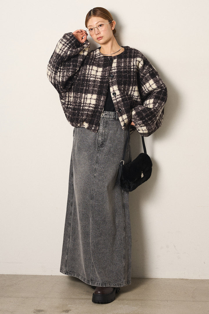 [SET]ノーカラーチェック柄ボアブルゾン+デニムロングフレアスカート(2set)
