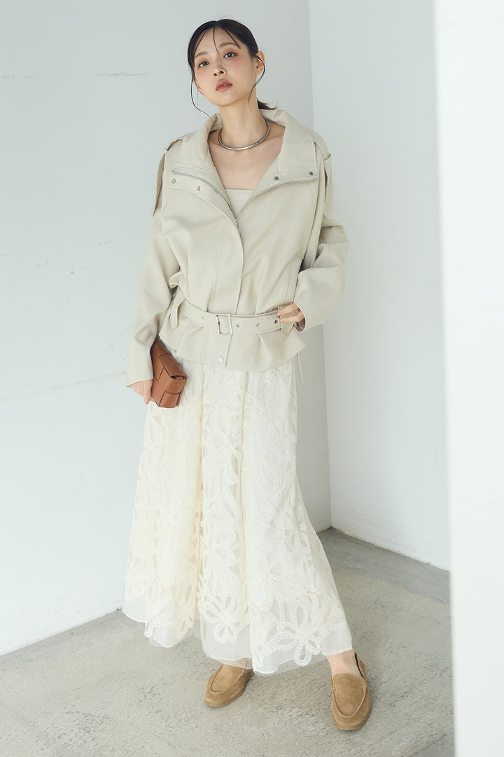 [SET]ベルト付きスタンドネックアウター+ニュアンス柄刺繍スカート(2set)