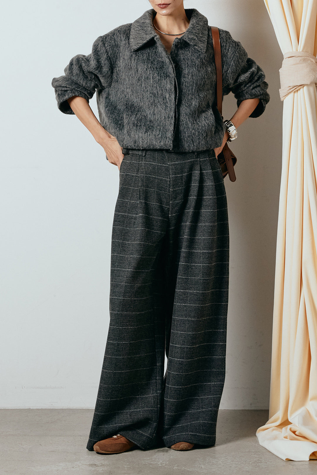 [SET]シャギーショートジャケット+スクエアチェック柄ワイドパンツ(2set)