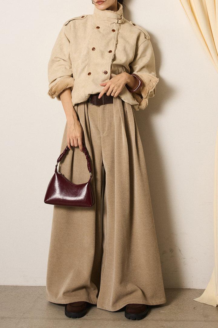 [SET]スタンド襟スウェードライクアウター+ベルトループコーデュロイワイドパンツ(2set)