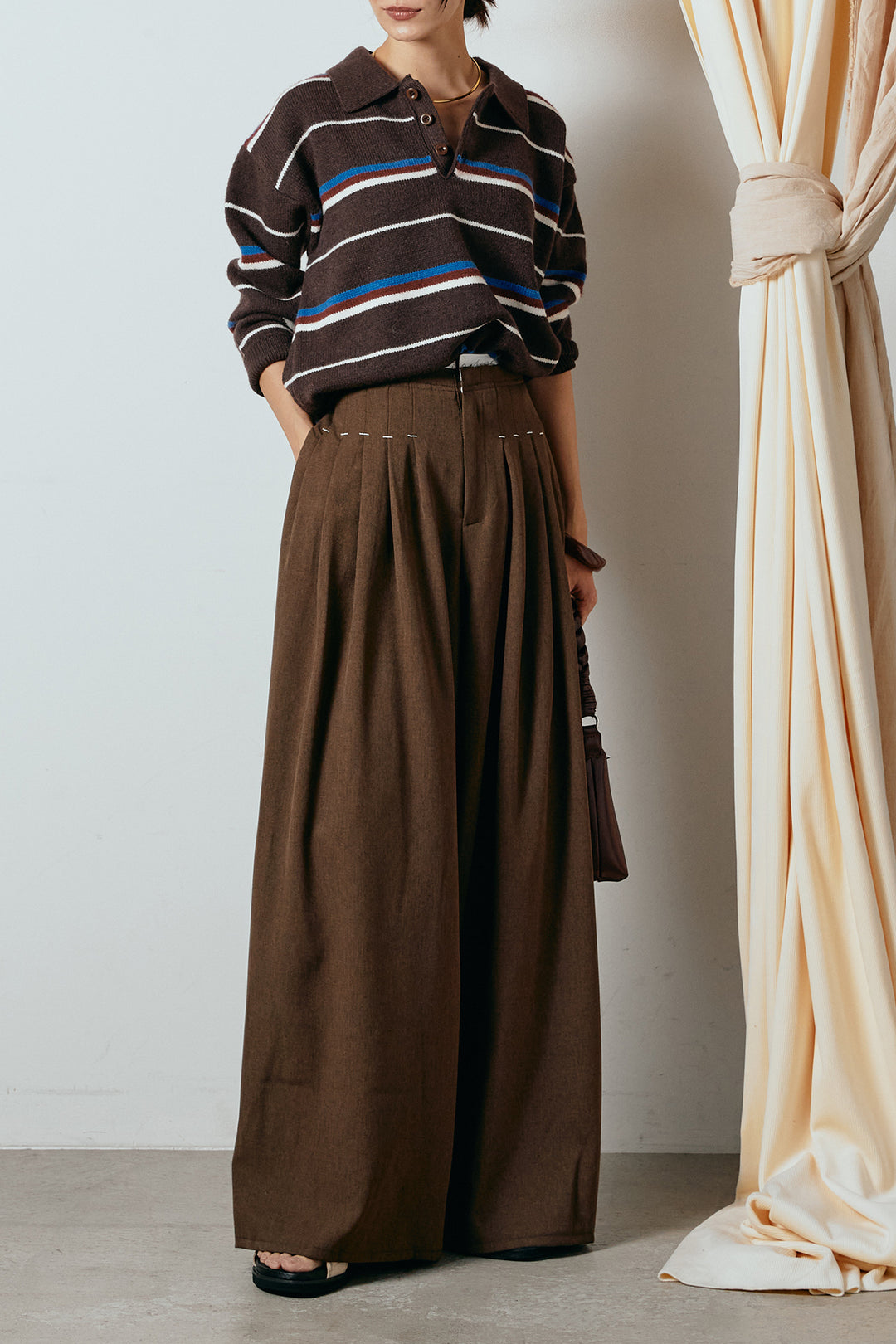 [SET]襟付きマルチボーダーニットポロトップス+ウエストステッチデザインワイドスラックス(2set)