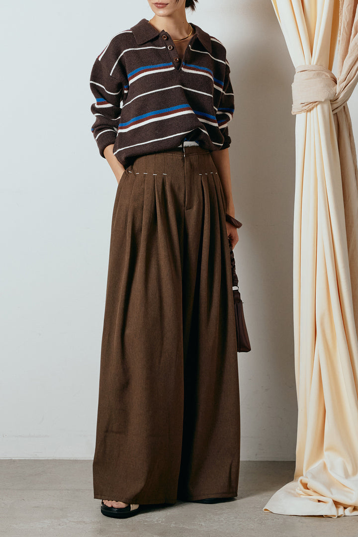 [SET]襟付きマルチボーダーニットポロトップス+ウエストステッチデザインワイドスラックス(2set)