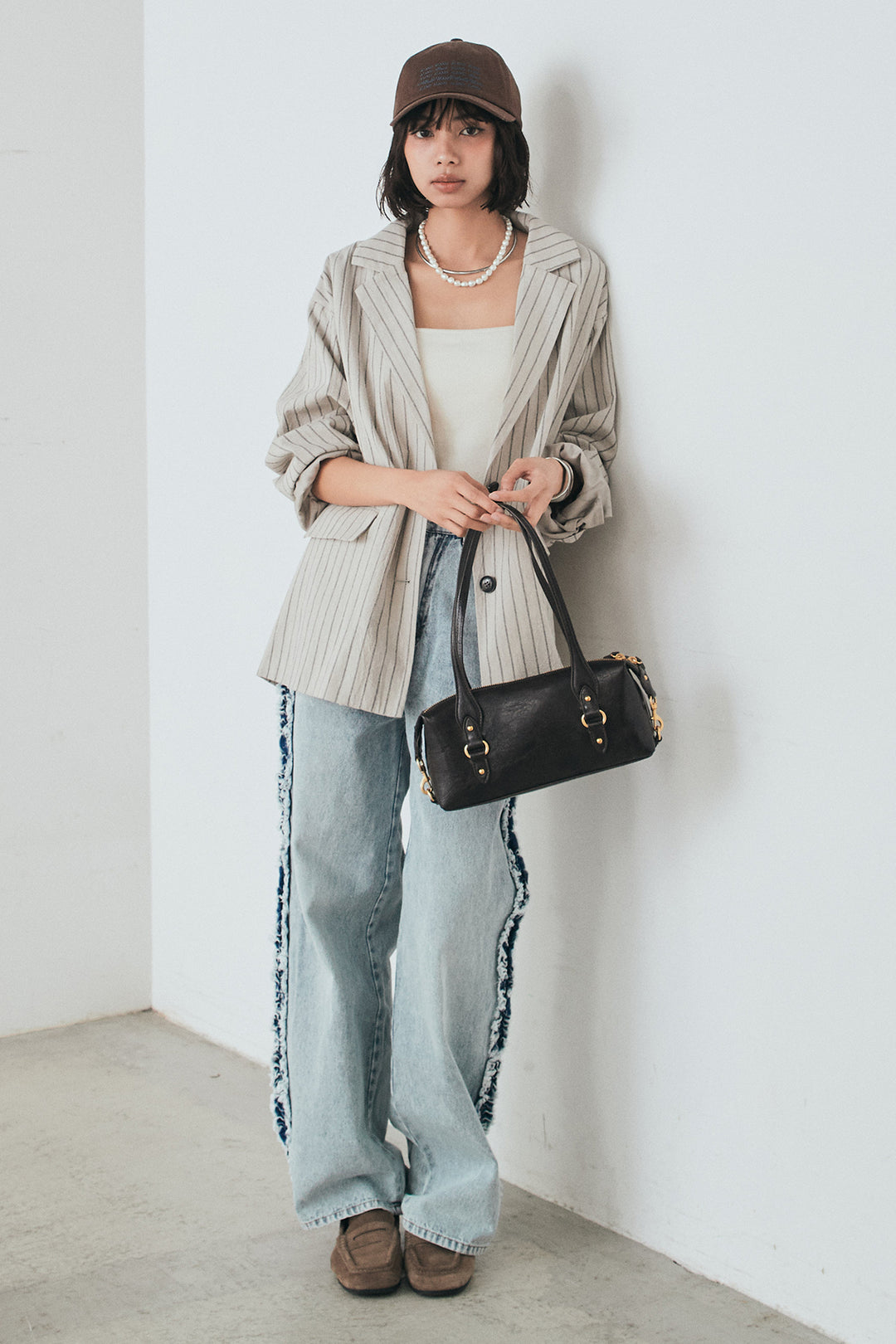 [SET]リネンライクストライプテーラードジャケット+デニムサイドフリルパンツ(2set)