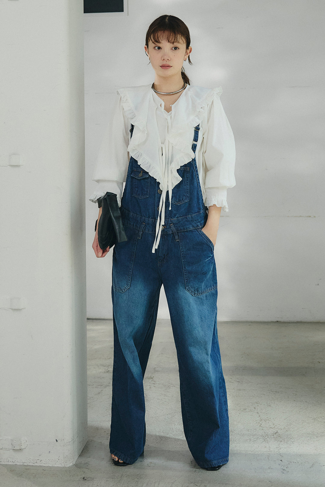 [SET]コットンフリルブラウス+デニムサロペットワイドパンツ(2set)