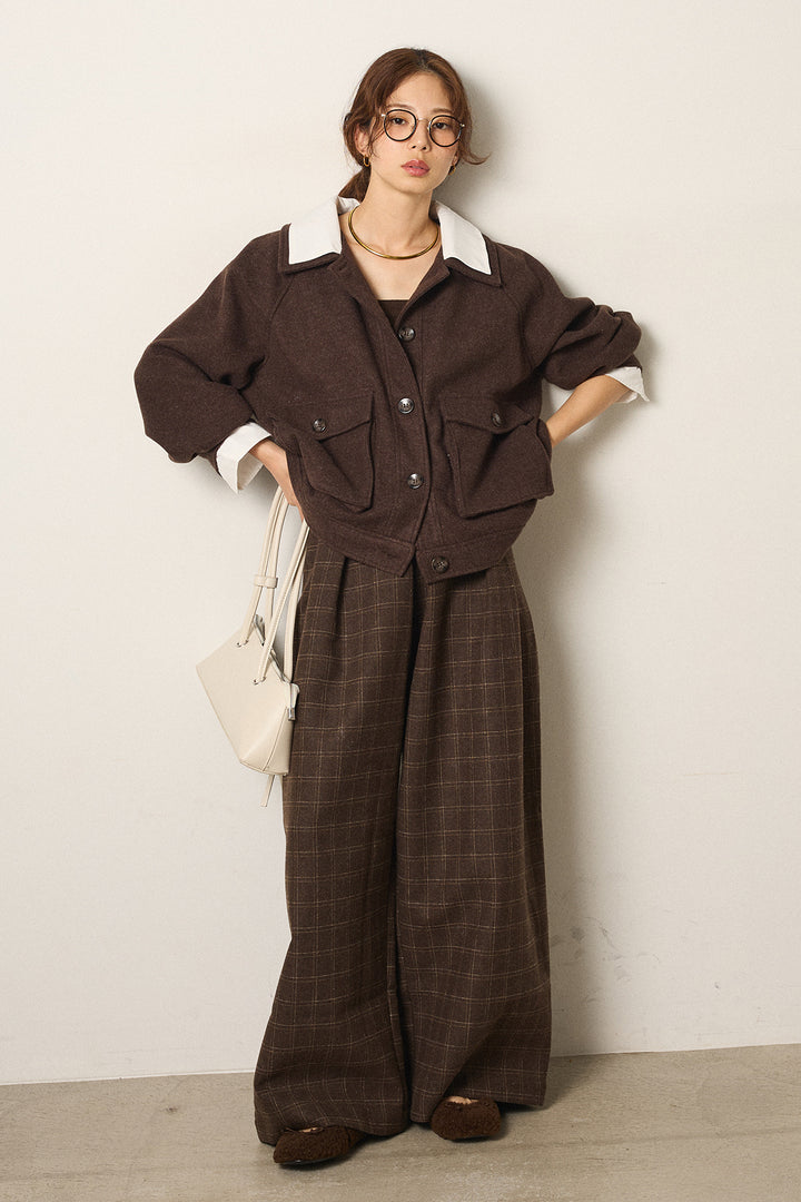 [SET]衿レイヤードフェイクウールジャケット+ウールライクチェックタックパンツ(2set)