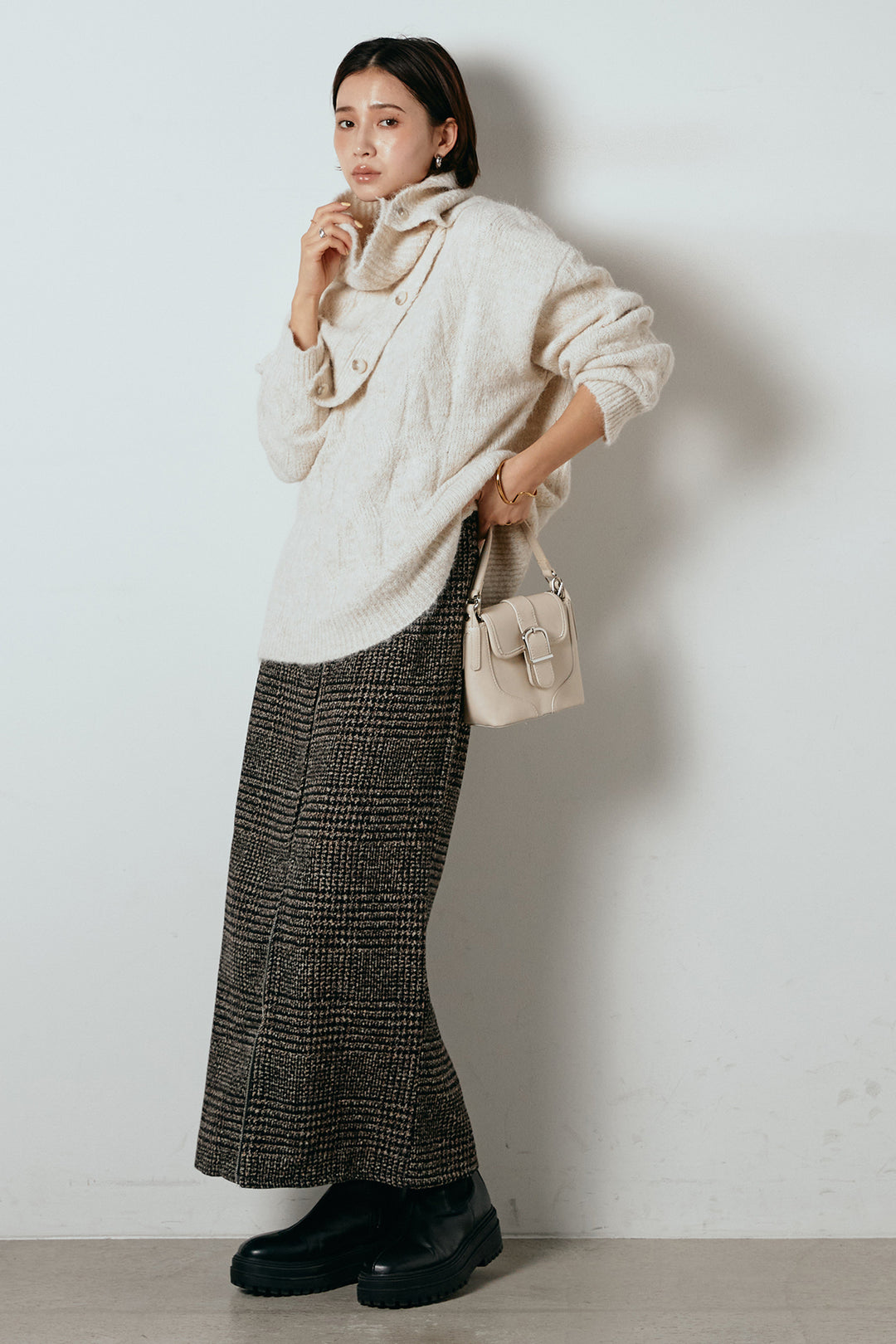 [SET]ケープデザインケーブルニットトップス+グレンチェック柄フロントジップタイトスカート(2set)