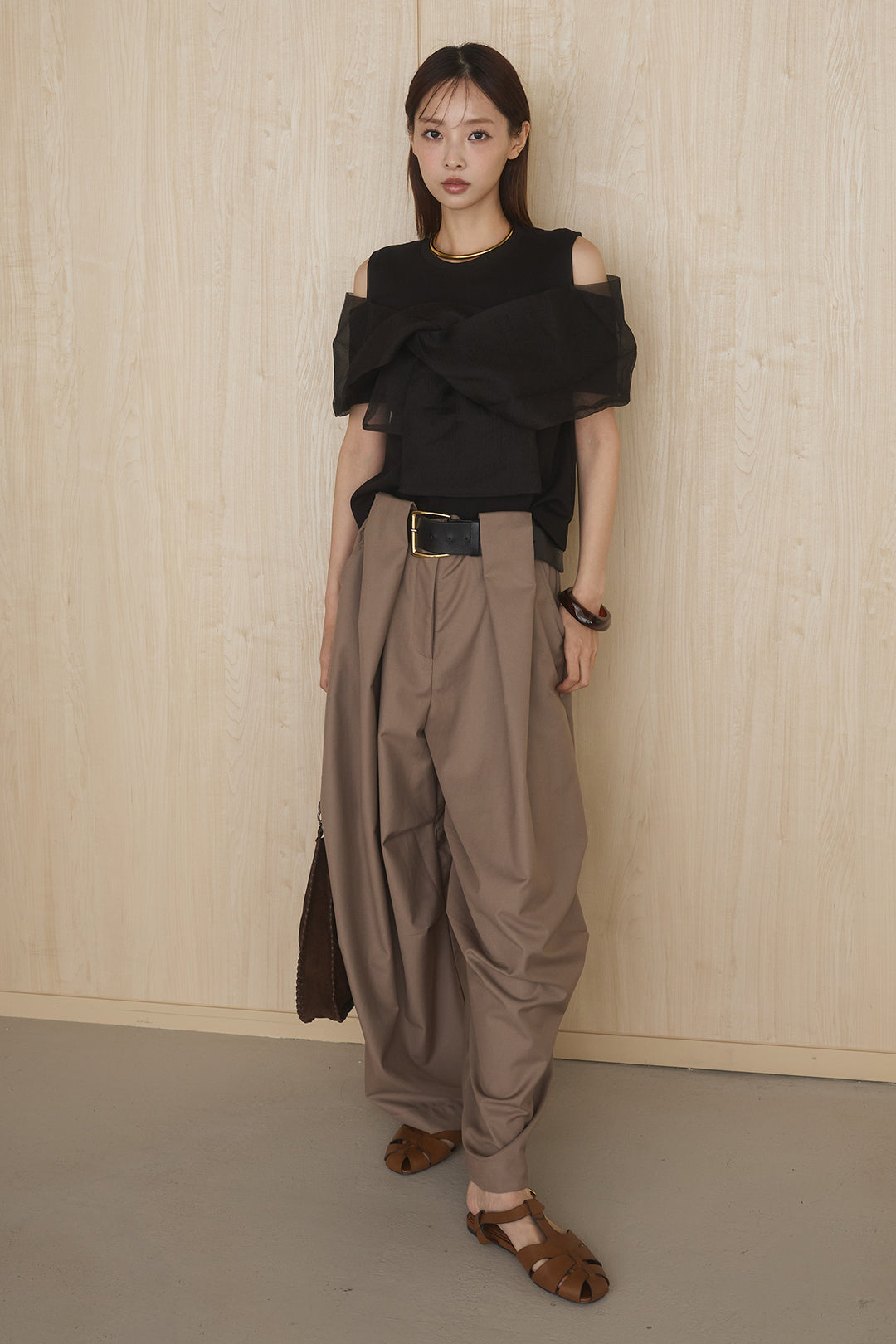 [SET]シアーレイヤーデザインカットソー+ベルトループワイドパンツ(2set)