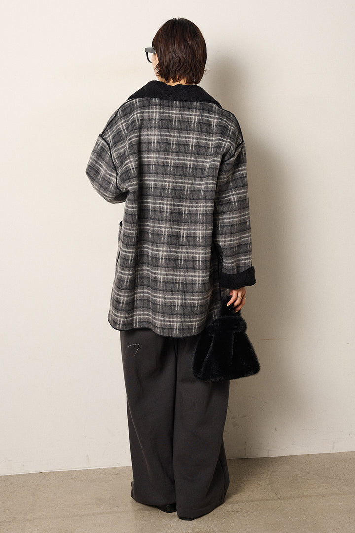 [SET]裏地ボアタータンチェック柄ミディアムコート+裏起毛スウェットワイドパンツ(2set)