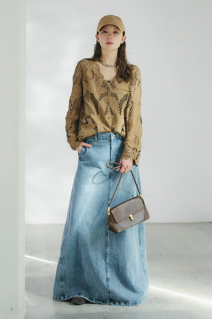 [SET]フラワー刺繍レースブラウス+デニムロングフレアスカート(2set)