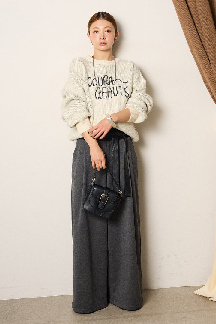[SET]ロゴシャギーニットプルオーバー+巻ベルトウエストレザーライクワイドパンツ(2set)
