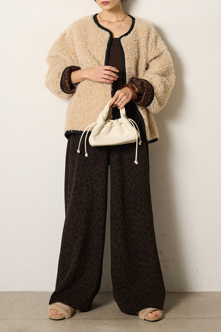 [SET]ノーカラー裏地レオパードボアアウター+レオパードジャガードニットパンツ(2set)