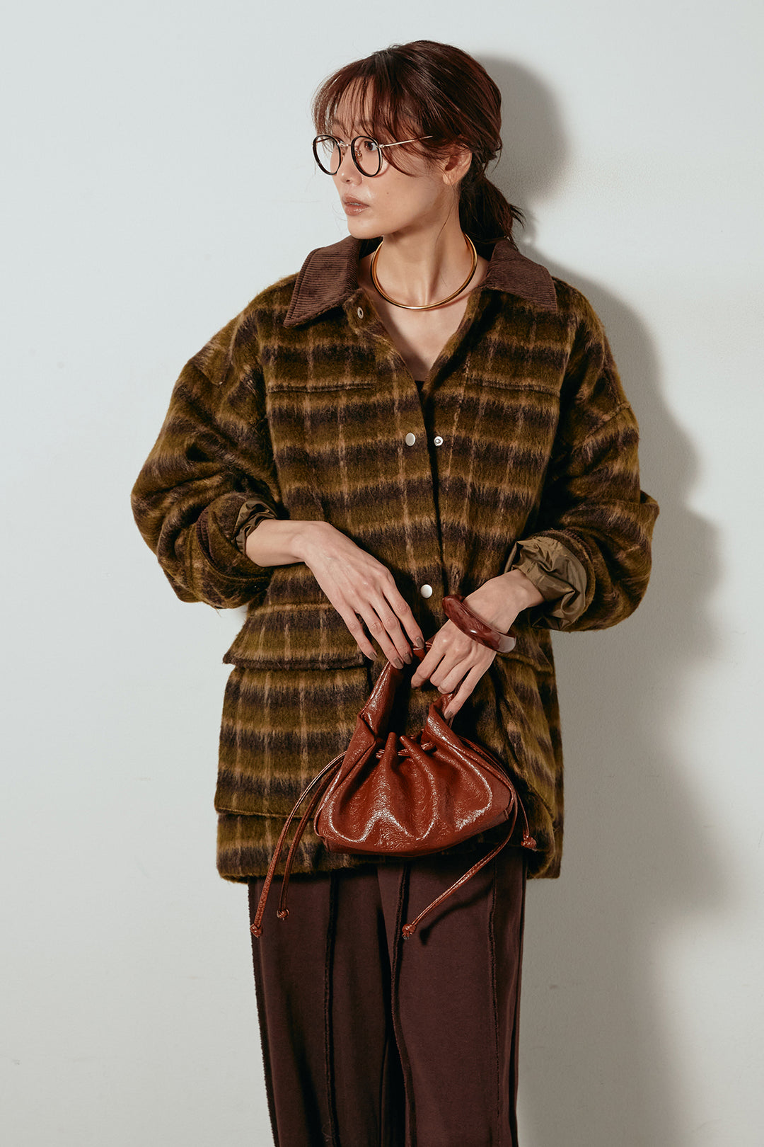 [SET]チェックシャギーミドルカバーオール+フロントラインデザインワイドスウェットパンツ(2set)