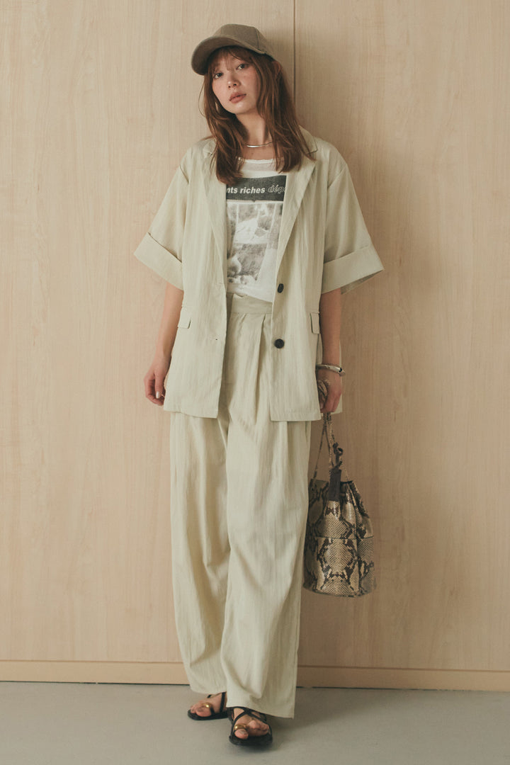 [SET]半袖モノトーングラフィックトップス+リネンライク2タックワイドパンツ(2set)