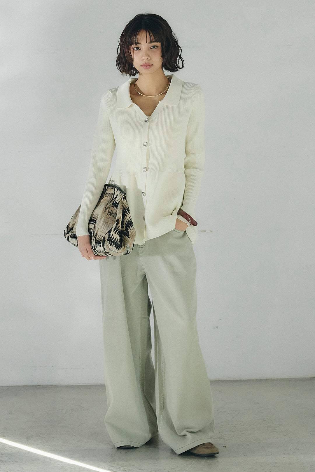 [SET]スキッパーペプラムニット+ウエスト裁ち切りデニムワイドパンツ(2set)