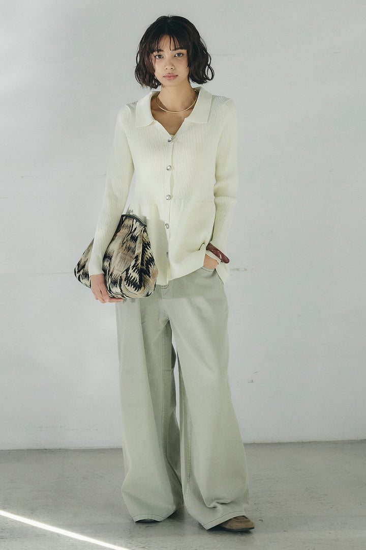 [SET]スキッパーペプラムニット+ウエスト裁ち切りデニムワイドパンツ(2set)