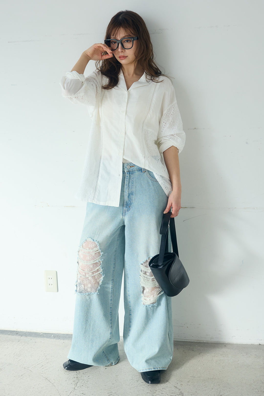 [SET]ローンレースオープンカラーシャツ+デニムレース付きワイドパンツ(2set)