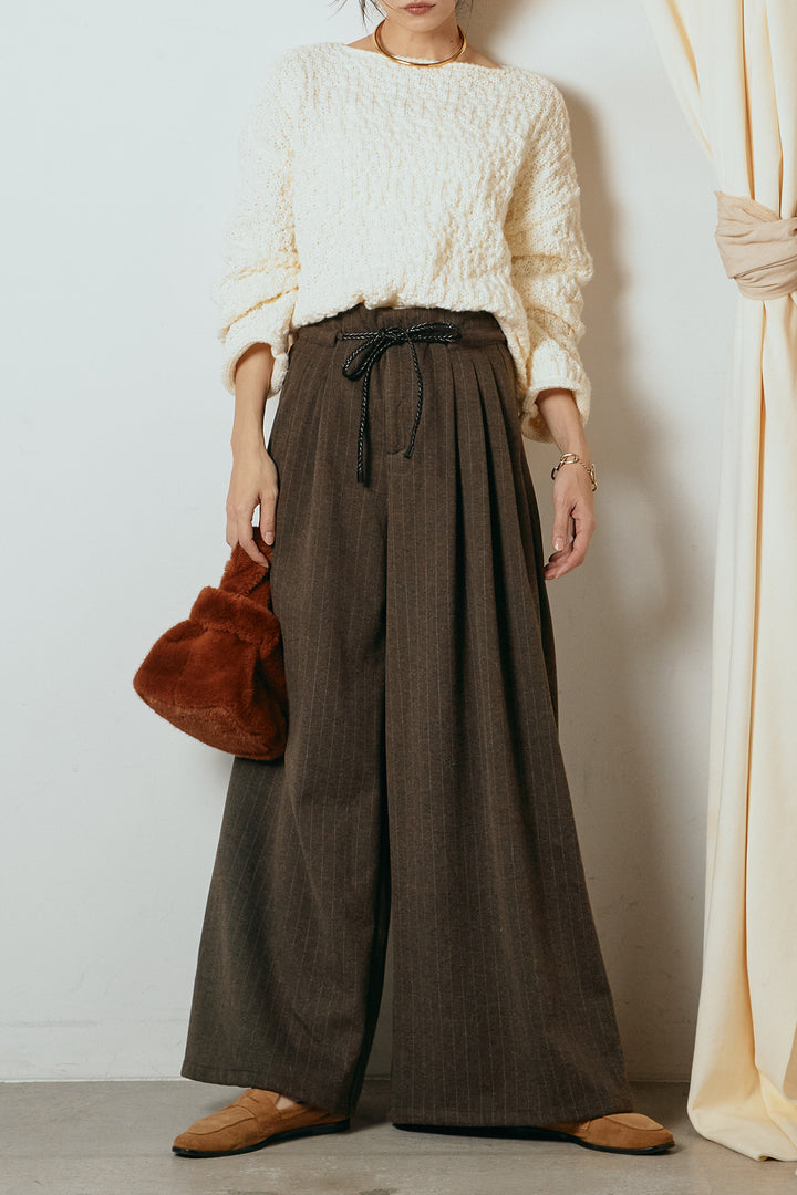 [SET]ボリューム編みニットプルオーバー+編みベルト付きピンストライプワイドパンツ(2set)