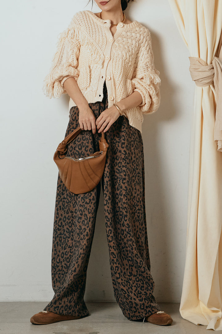 [SET]ランダムフリンジニットカーディガン+リラックスレオパード柄ワイドパンツ(2set)