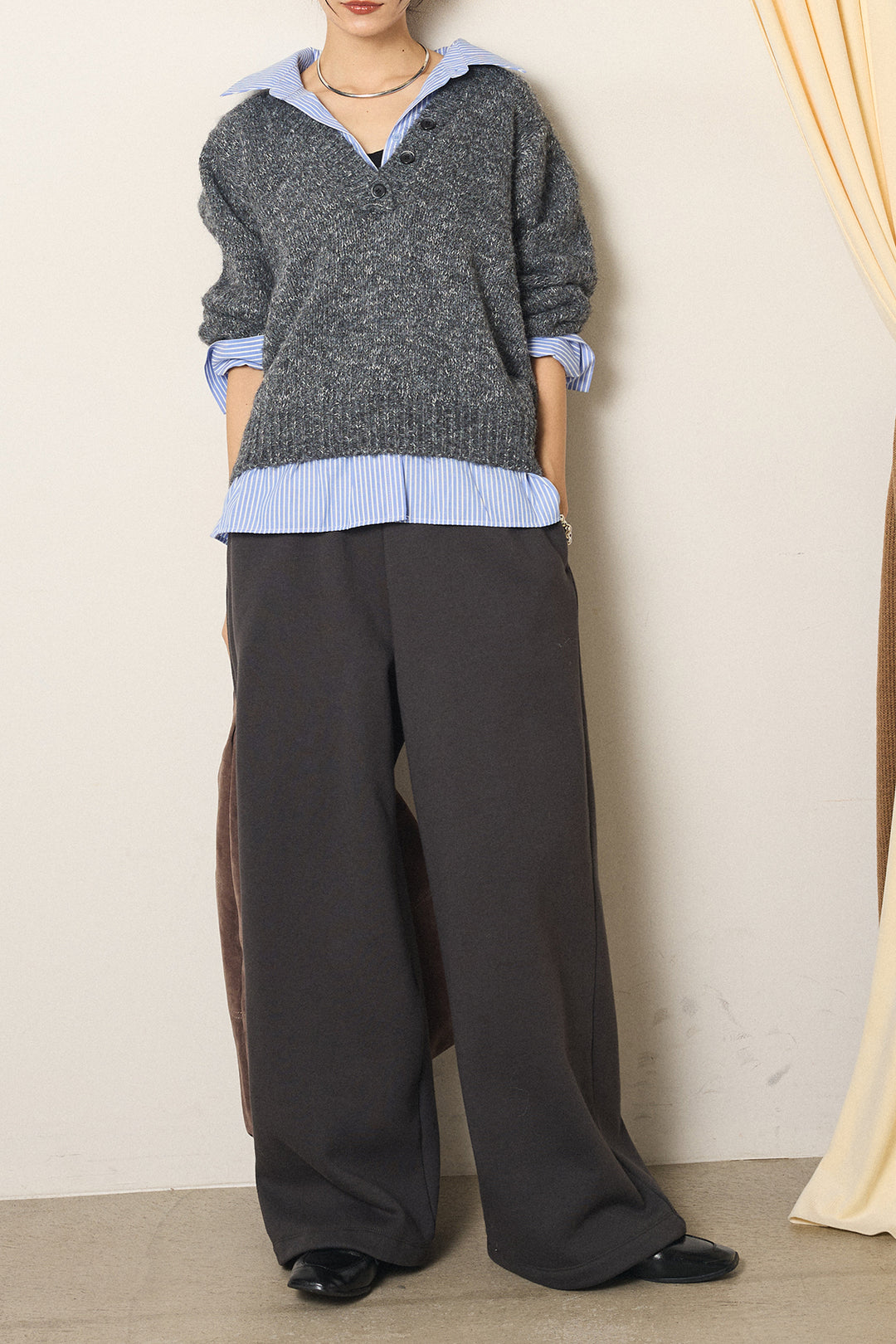 [SET]ストライプシャツドッキングニットポロトップス+裏起毛スウェットワイドパンツ(2set)