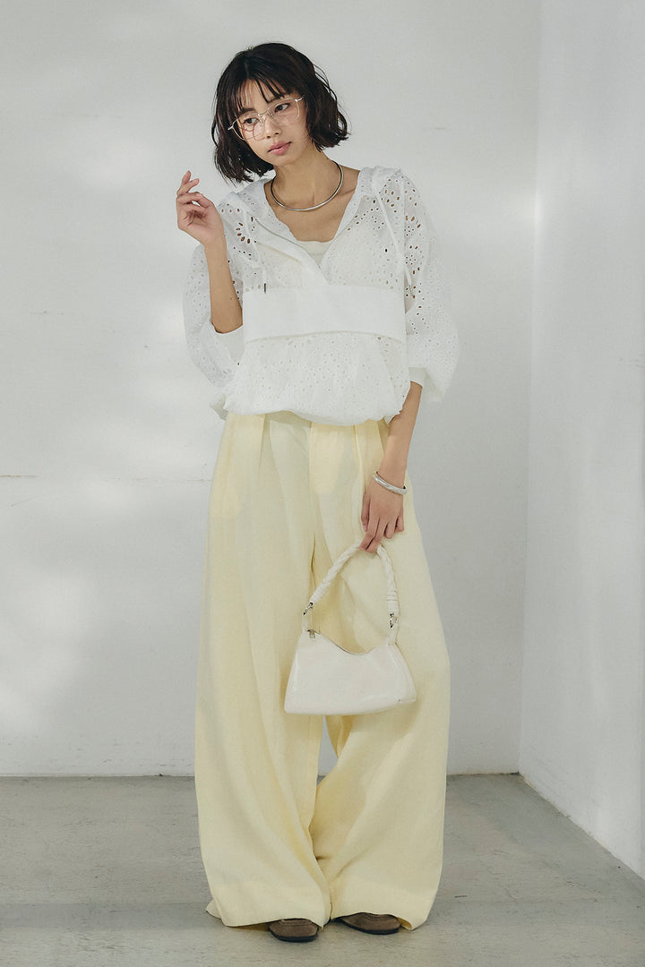 [SET]レースハーフジップアップフーディー+リネン混タックストレートワイドパンツ(2set)