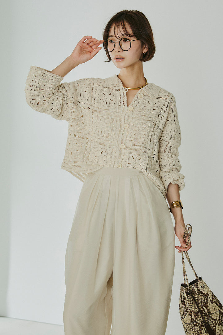 [SET]鍵編みフラワーレースカーディガン+オーガンジータックパンツ(2set)