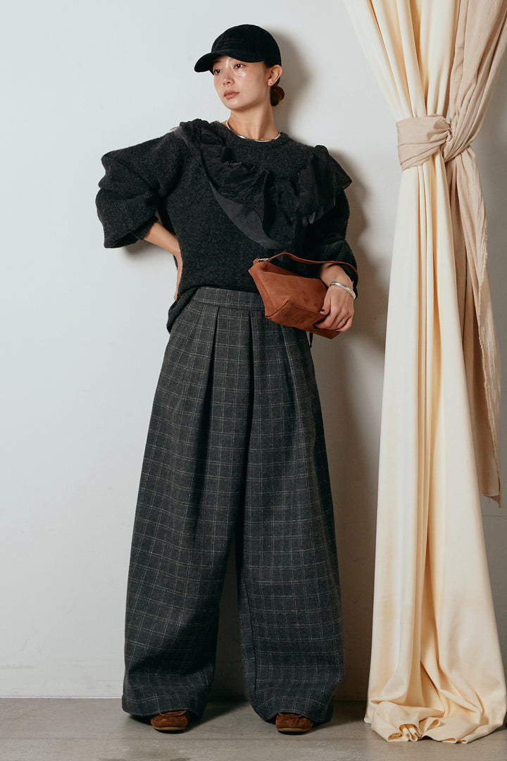 [SET]アシンメトリーフリルニットトップス+ウールライクチェックタックパンツ(2set)