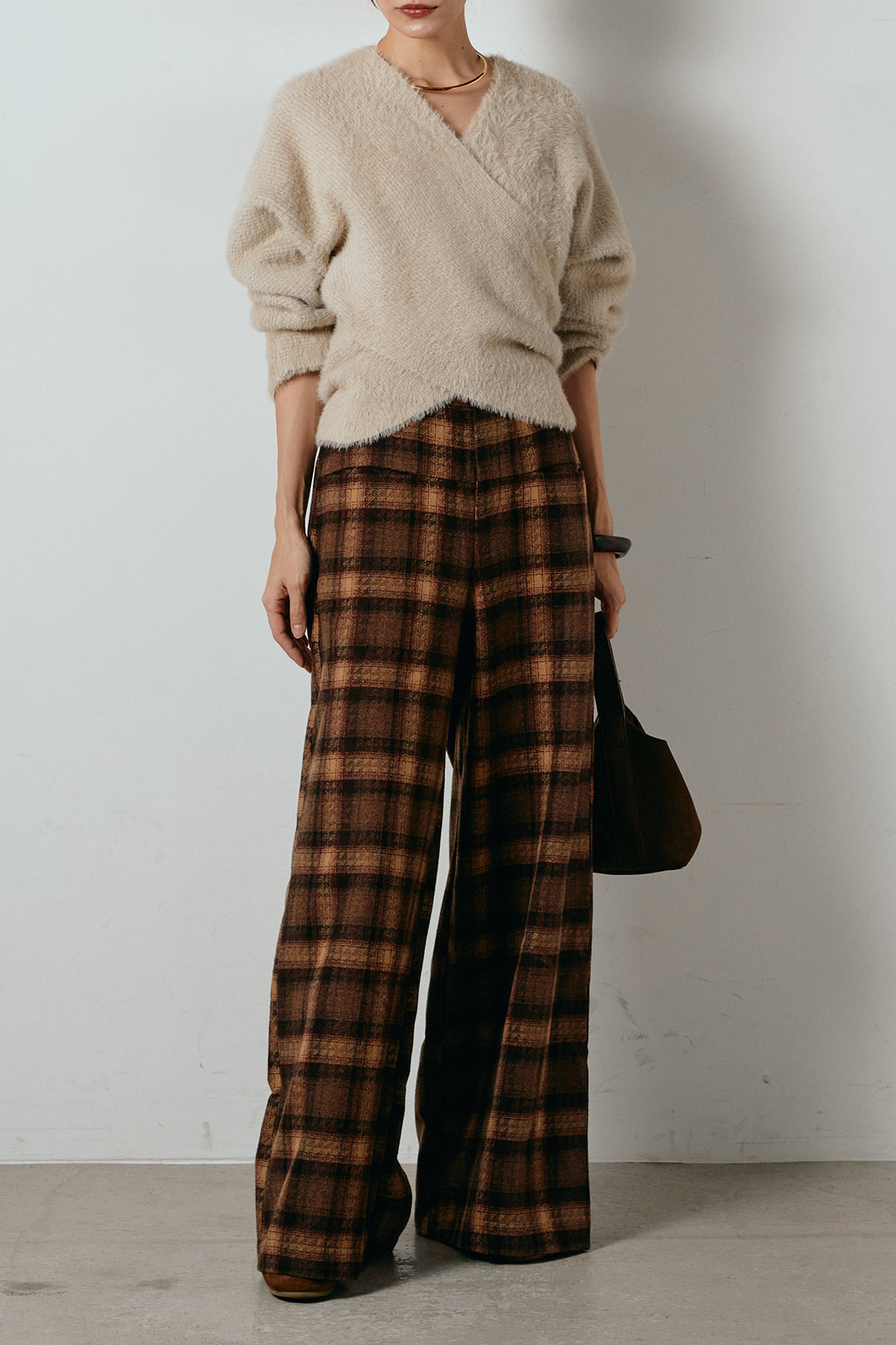 [SET]シャギーカシュクールニットトップス+ルーズタータンチェックワイドパンツ(2set)