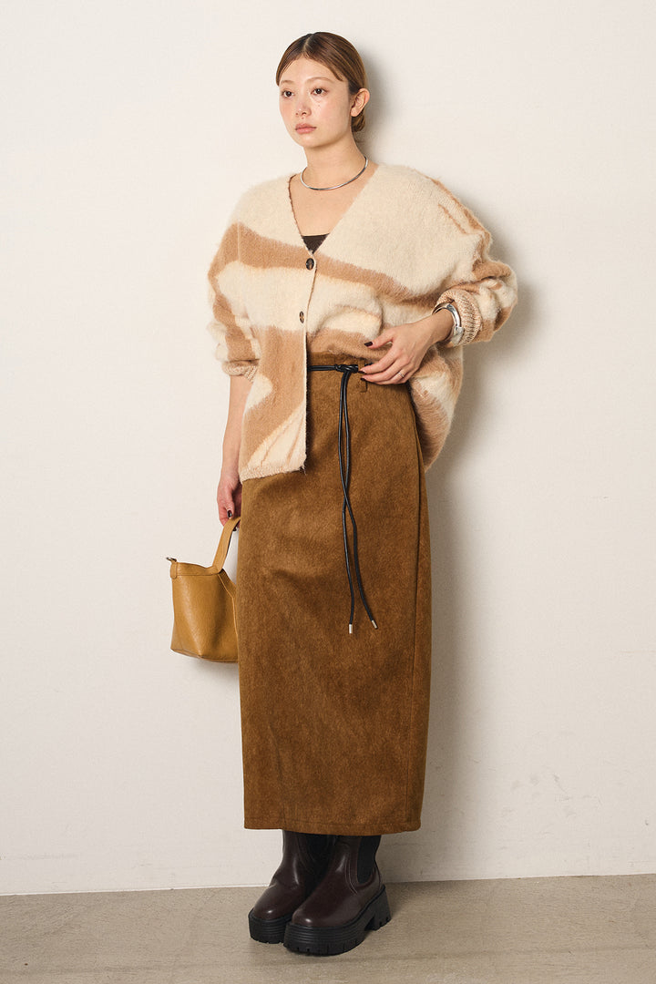 [SET]アクセントブラッシュドカーディガン+ロープベルト付きスウェード調スカート(2set)