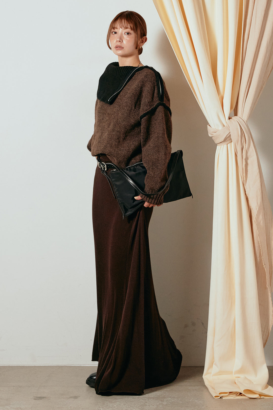 [SET]ハイネックジップデザインニットトップス+サイド切り替えリブニットロングスカート(2set)