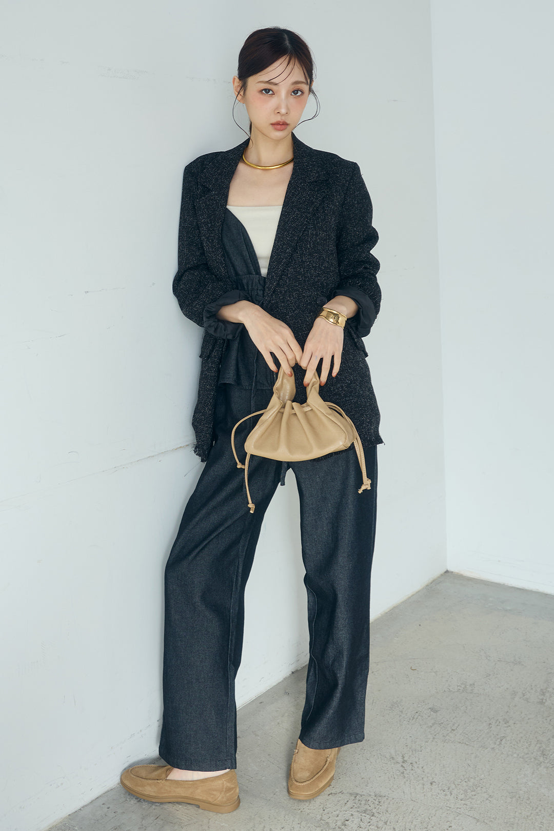 [SET]スラブネップツイードフリンジテーラードジャケット+デニムペプラムコンビネゾン(2set)