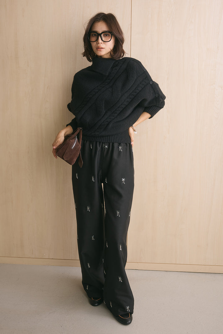 [SET]アシメカラーボタンケーブルニット+総ビーズ刺繍パンツ(2set)