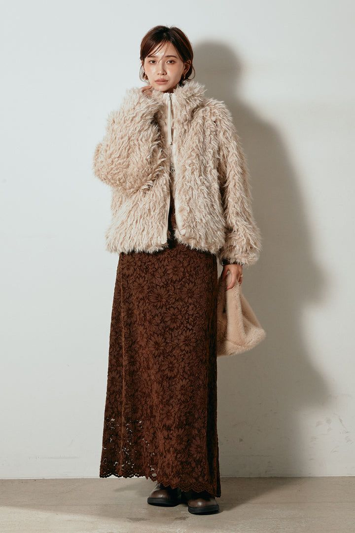 [SET]ミックスシープファースタンドブルゾン+花柄刺繍ベロアフレアスカート(2set)