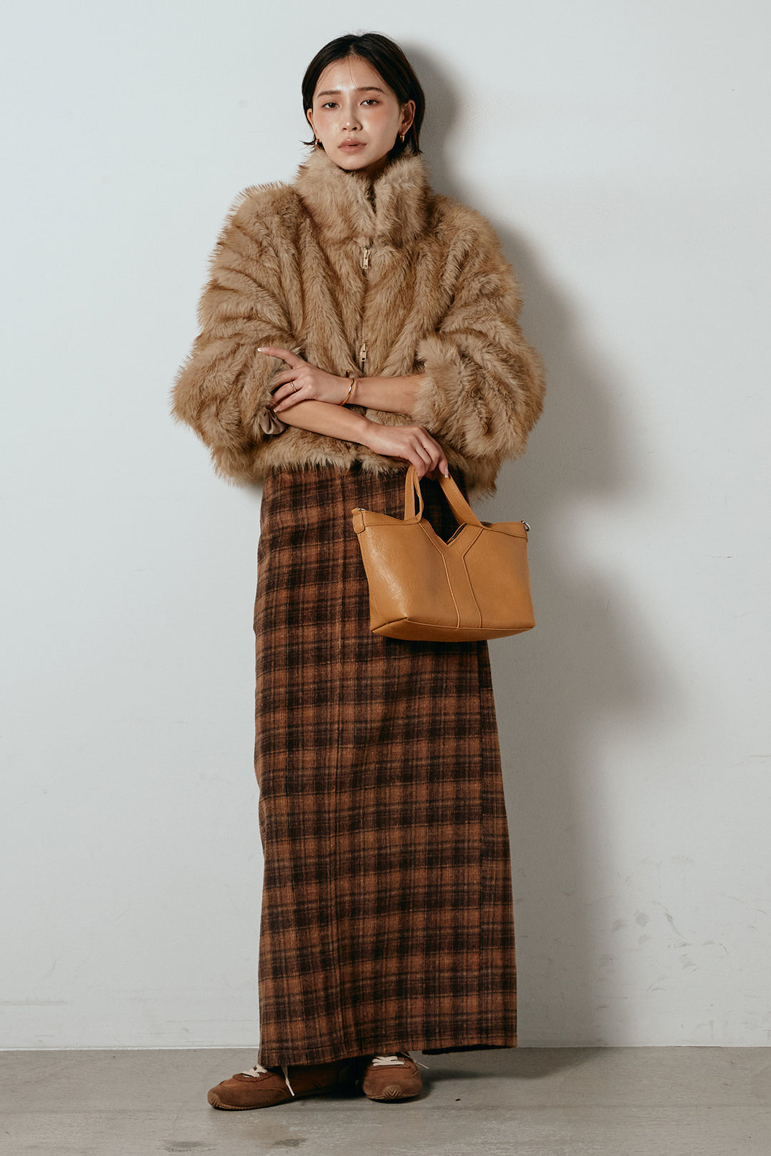 [SET]エコファーショート丈ブルゾン+シャギーチェックストレートスカート(2set)