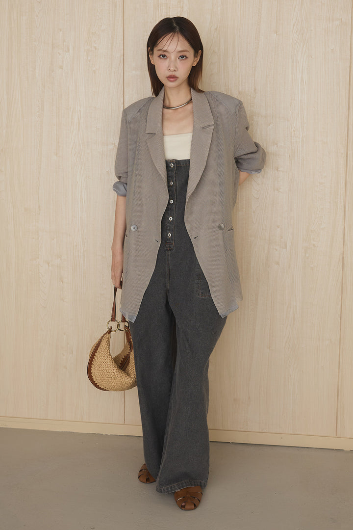 [SET]メッシュテーラードワイドジャケット+フロントボタンデニムサロペット(2set)