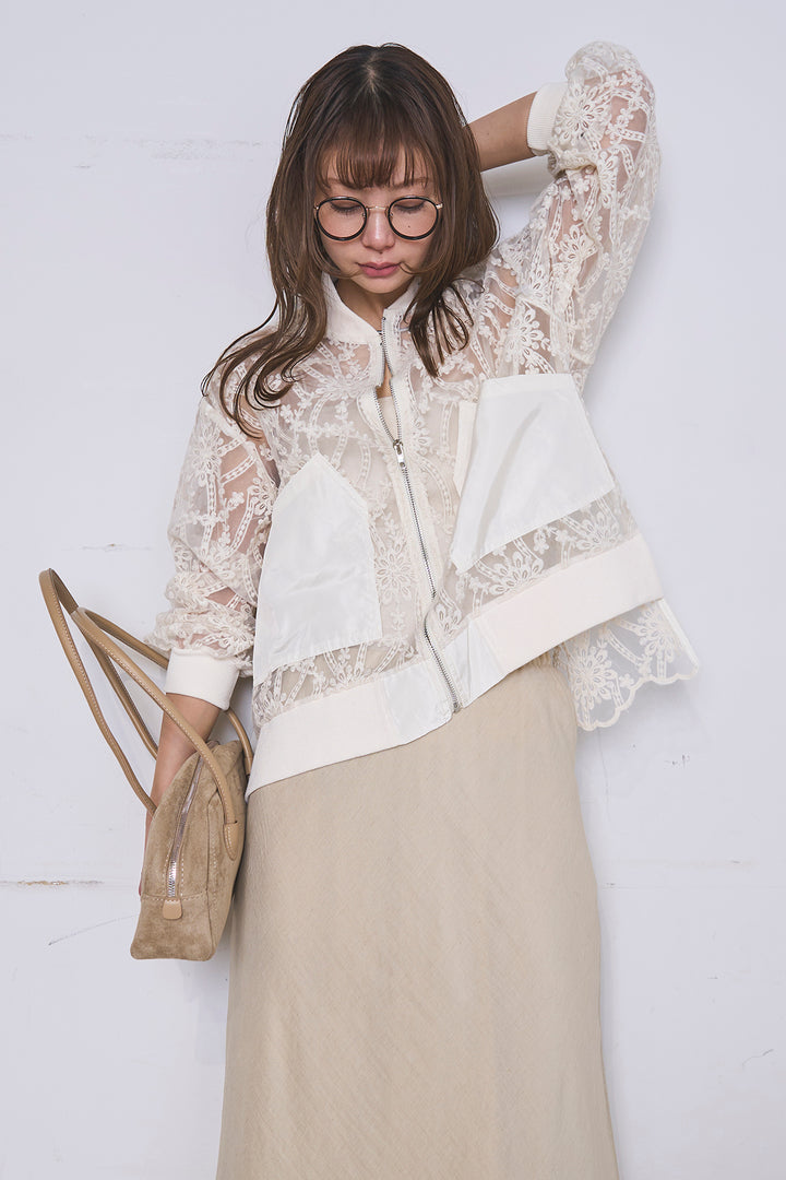 [SET]ノーカラーレースブルゾン+リネンブレンドロングナロースカート(2set)