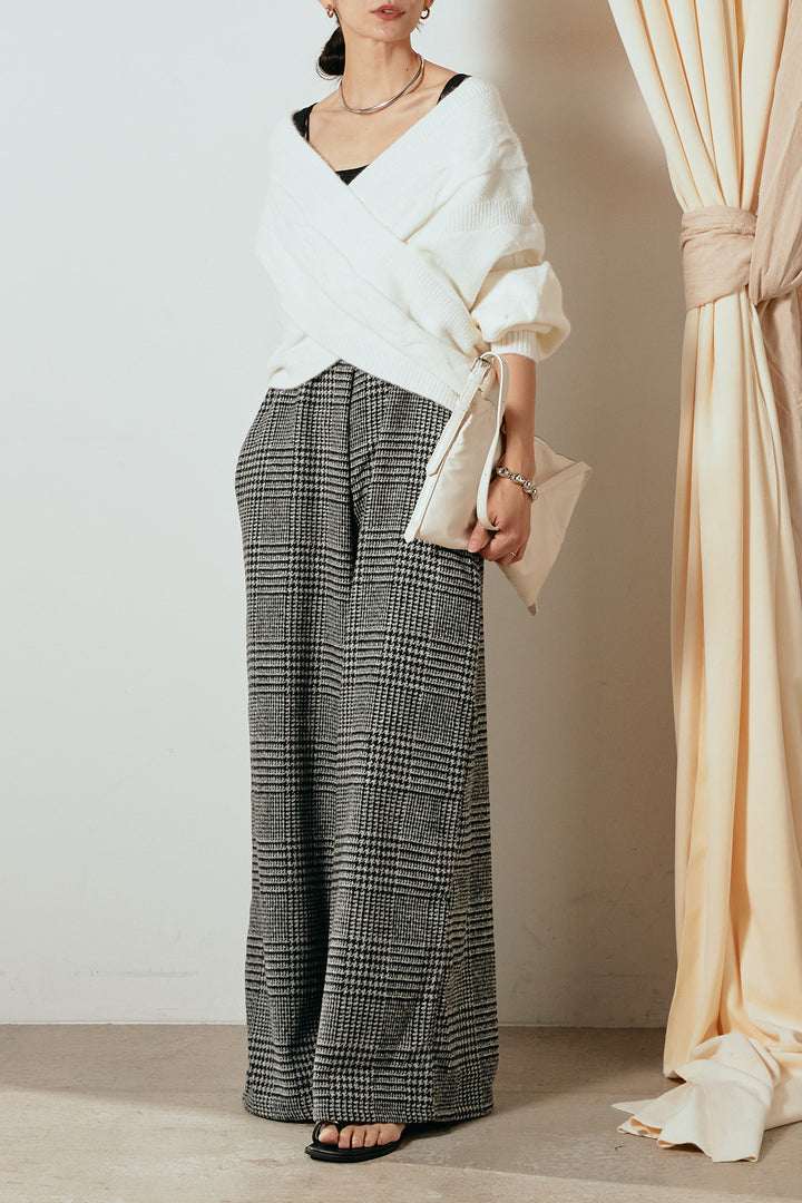 [SET]ケーブルカシュクールニットトップス+前後2wayグレンチェック柄スカーチョサロペット(2set)